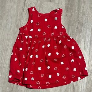 Red Sleeveless Dress with White Leaf and Smiley Print